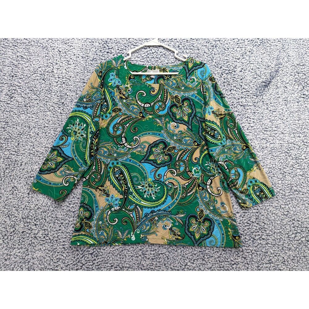 JM Collection Embroidered Paisley Top Size XL Boho 3/4 Sleeve Lightweight Green